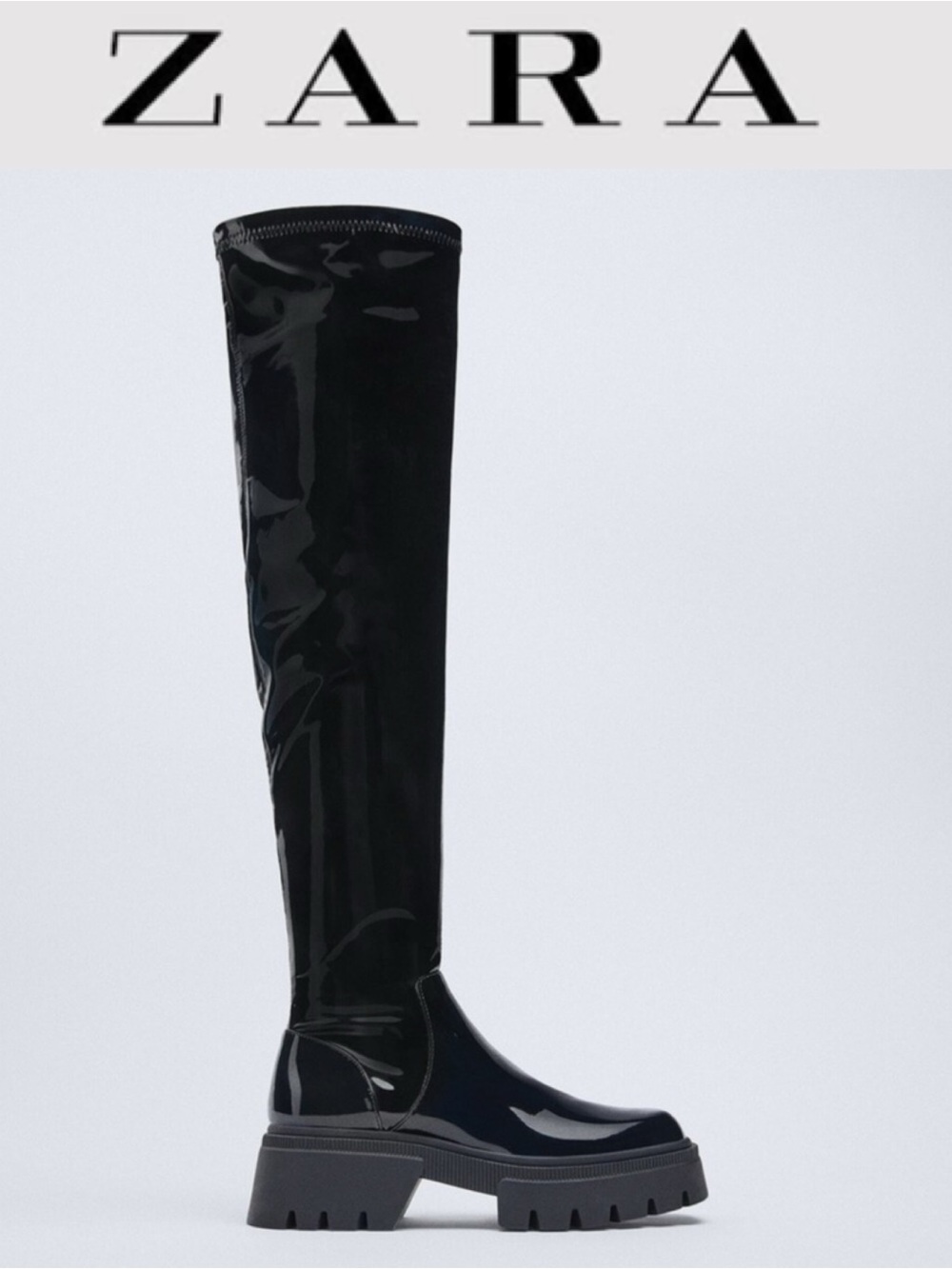 ZARA BLACK PATENT KNEE HIGH LUG SOLE BOOTS CHUNKY PLATFORM EDGY MINIMALIST US 8